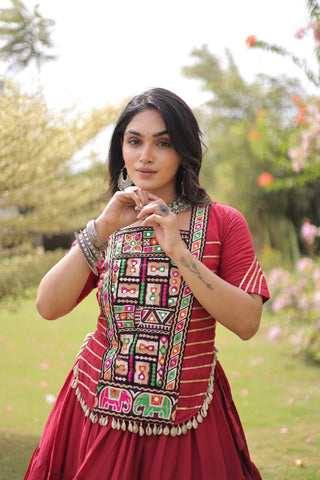 Maroon Cotton Lehenga with Kutchi Patchwork ClothsVilla