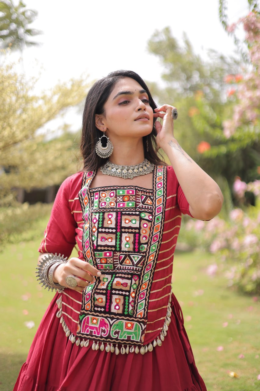 Maroon Cotton Lehenga with Kutchi Patchwork ClothsVilla