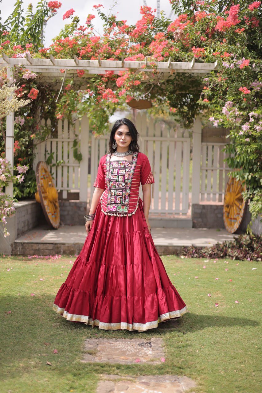 Maroon Cotton Lehenga with Kutchi Patchwork ClothsVilla