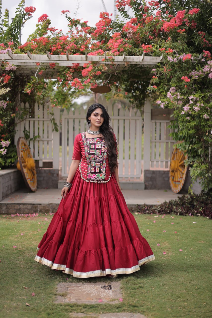 Maroon Cotton Lehenga with Kutchi Patchwork ClothsVilla