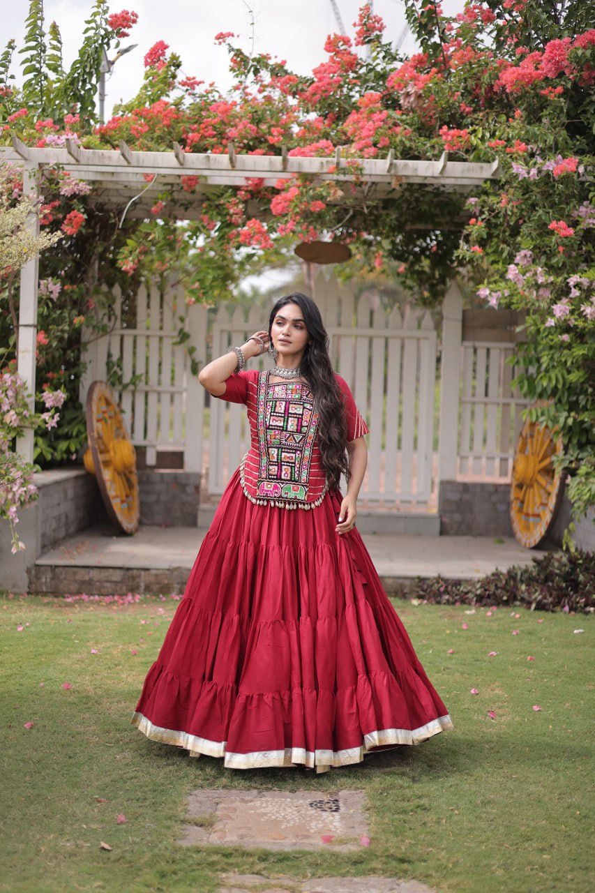 Maroon Cotton Lehenga with Kutchi Patchwork ClothsVilla