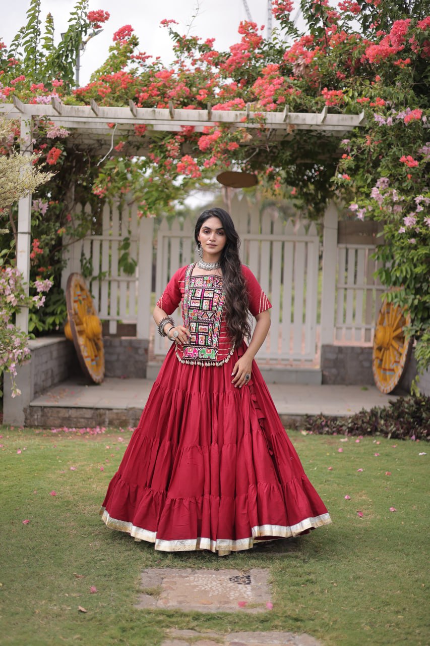 Maroon Cotton Lehenga with Kutchi Patchwork ClothsVilla