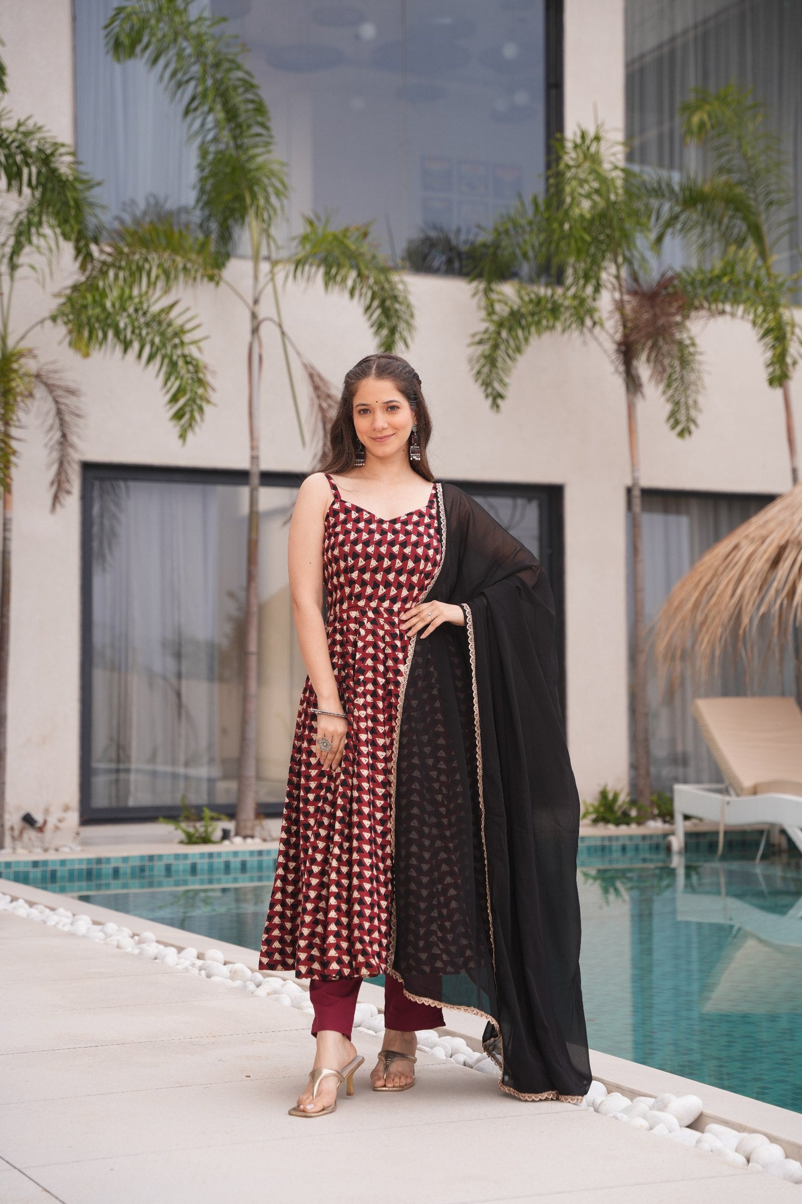 Maroon Cotton Printed Anarkali Suit ClothsVilla