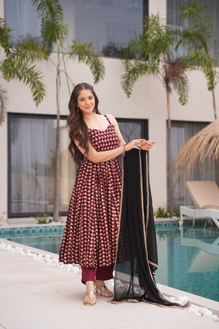 Maroon Cotton Printed Anarkali Suit ClothsVilla