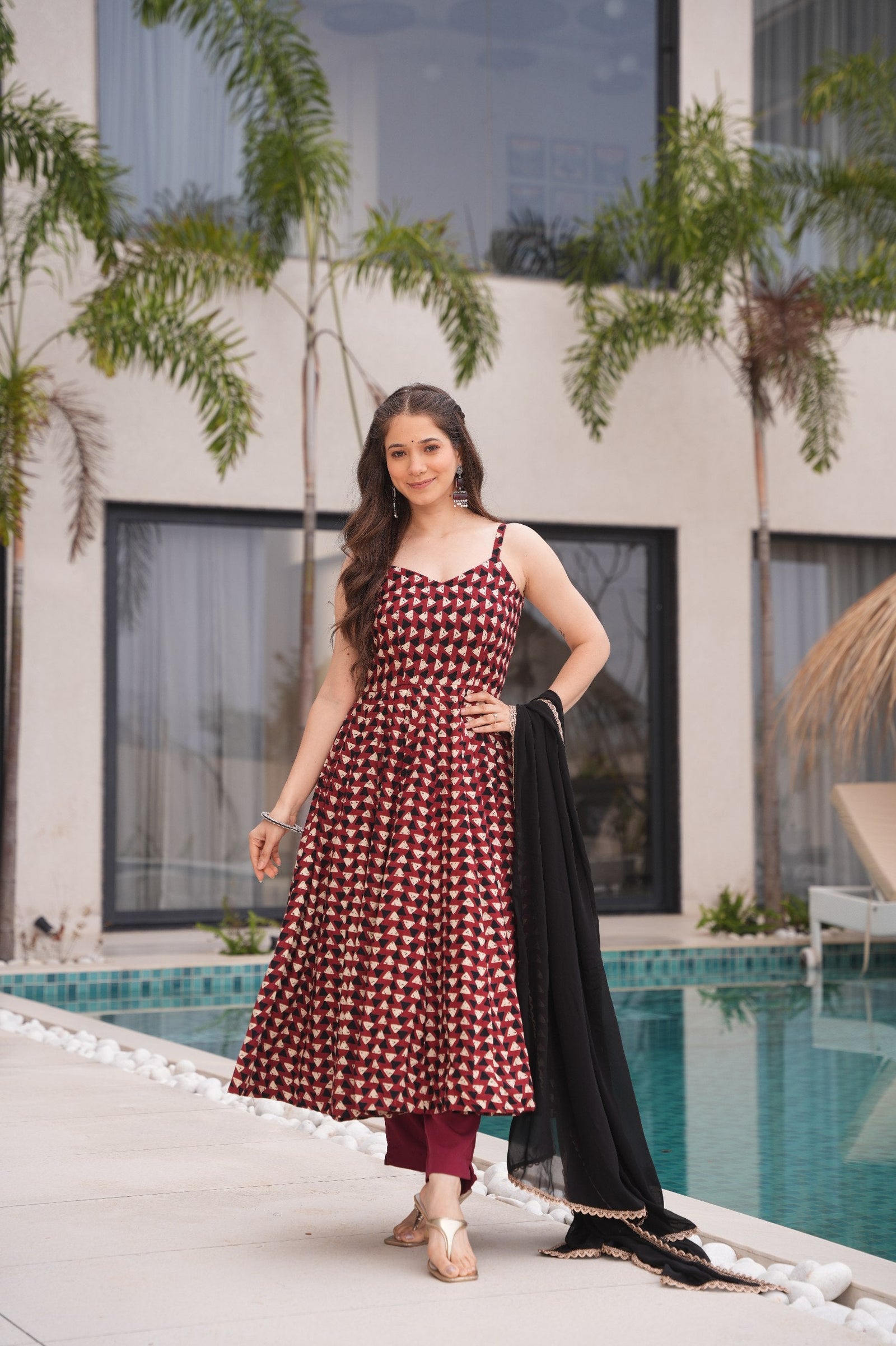 Maroon Cotton Printed Anarkali Suit ClothsVilla