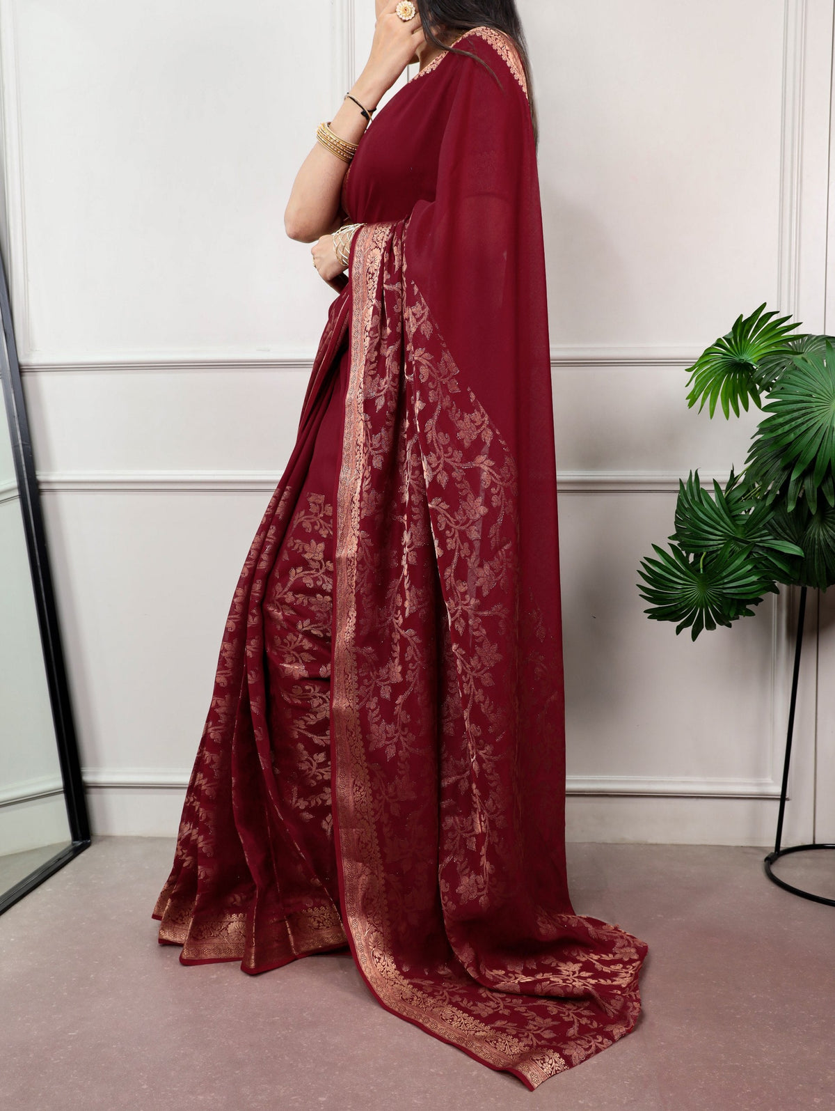 Maroon Cotton Zari Weaving Saree ClothsVilla