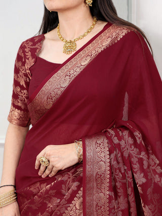 Maroon Cotton Zari Weaving Saree ClothsVilla