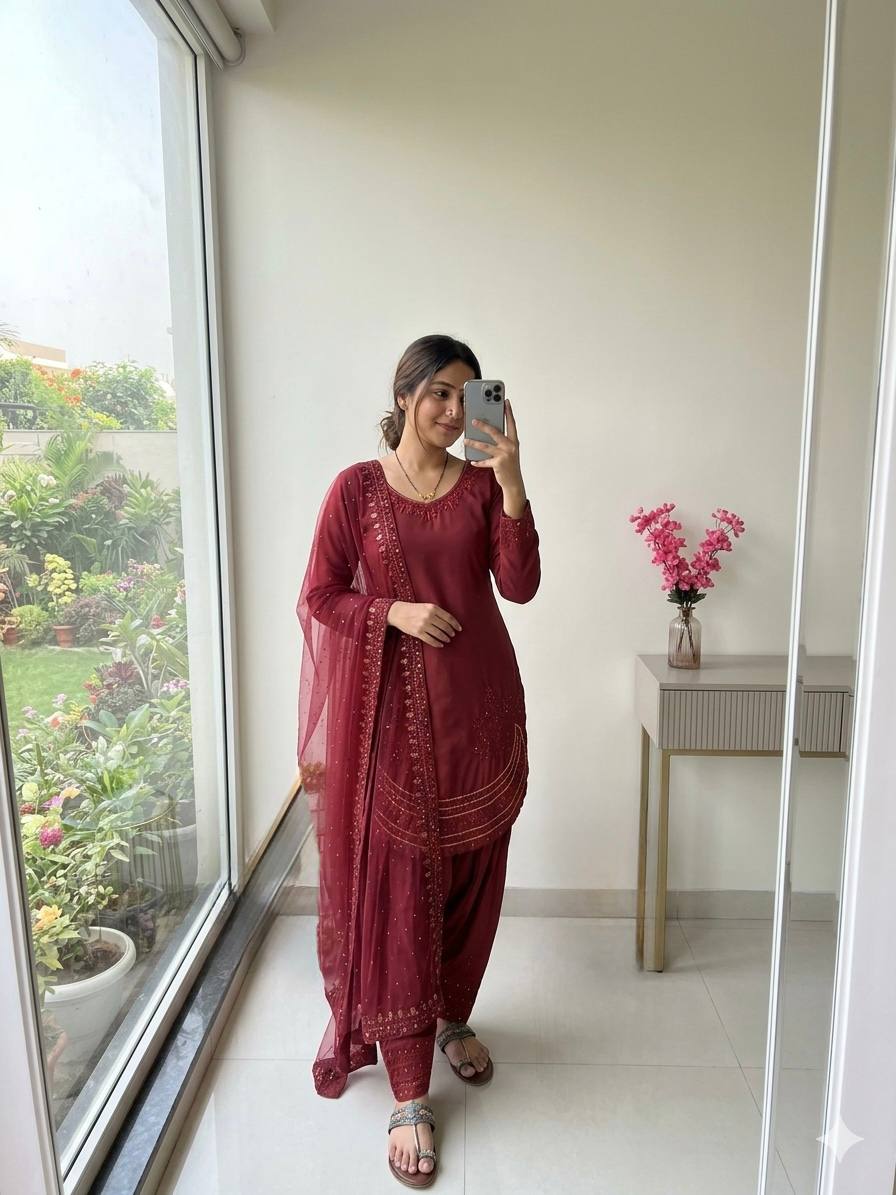 Maroon Crepe Farshi Palazzo Suit ClothsVilla