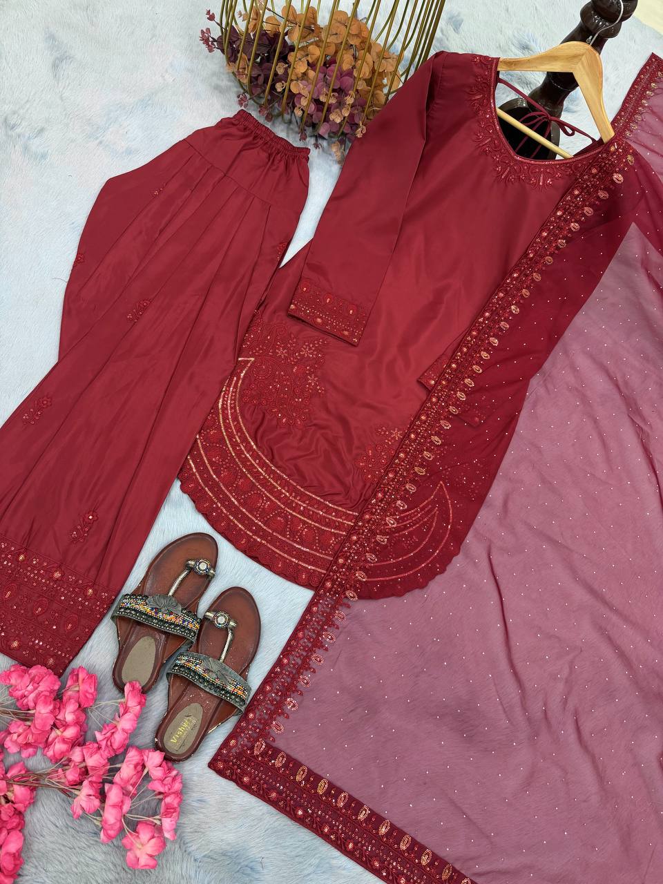 Maroon Crepe Farshi Palazzo Suit ClothsVilla