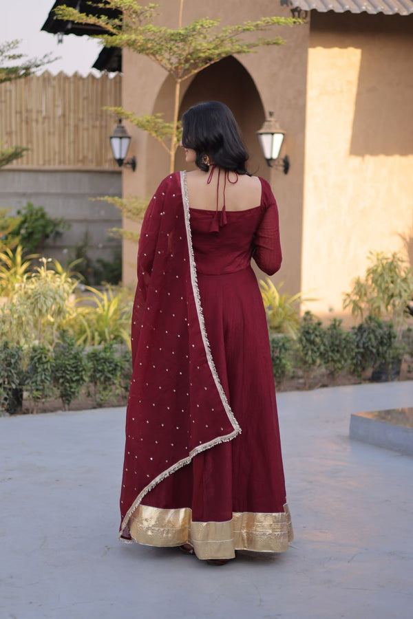Maroon Crunchy Gown with Rich Mirror Lace Work ClothsVilla