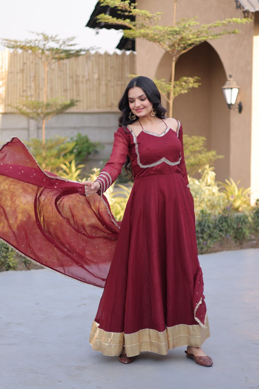 Maroon Crunchy Gown with Rich Mirror Lace Work ClothsVilla