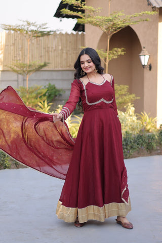 Maroon Crunchy Gown with Rich Mirror Lace Work ClothsVilla
