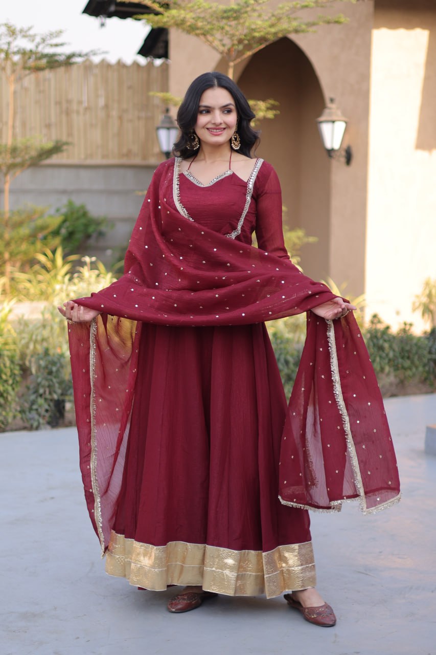 Maroon Crunchy Gown with Rich Mirror Lace Work ClothsVilla