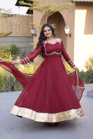 Maroon Crunchy Gown with Rich Mirror Lace Work ClothsVilla