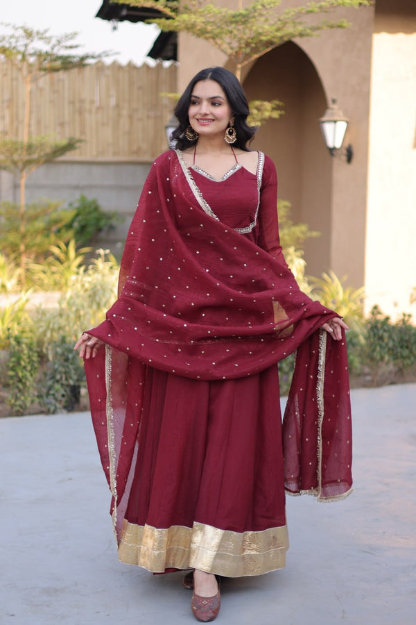Maroon Crunchy Gown with Rich Mirror Lace Work ClothsVilla