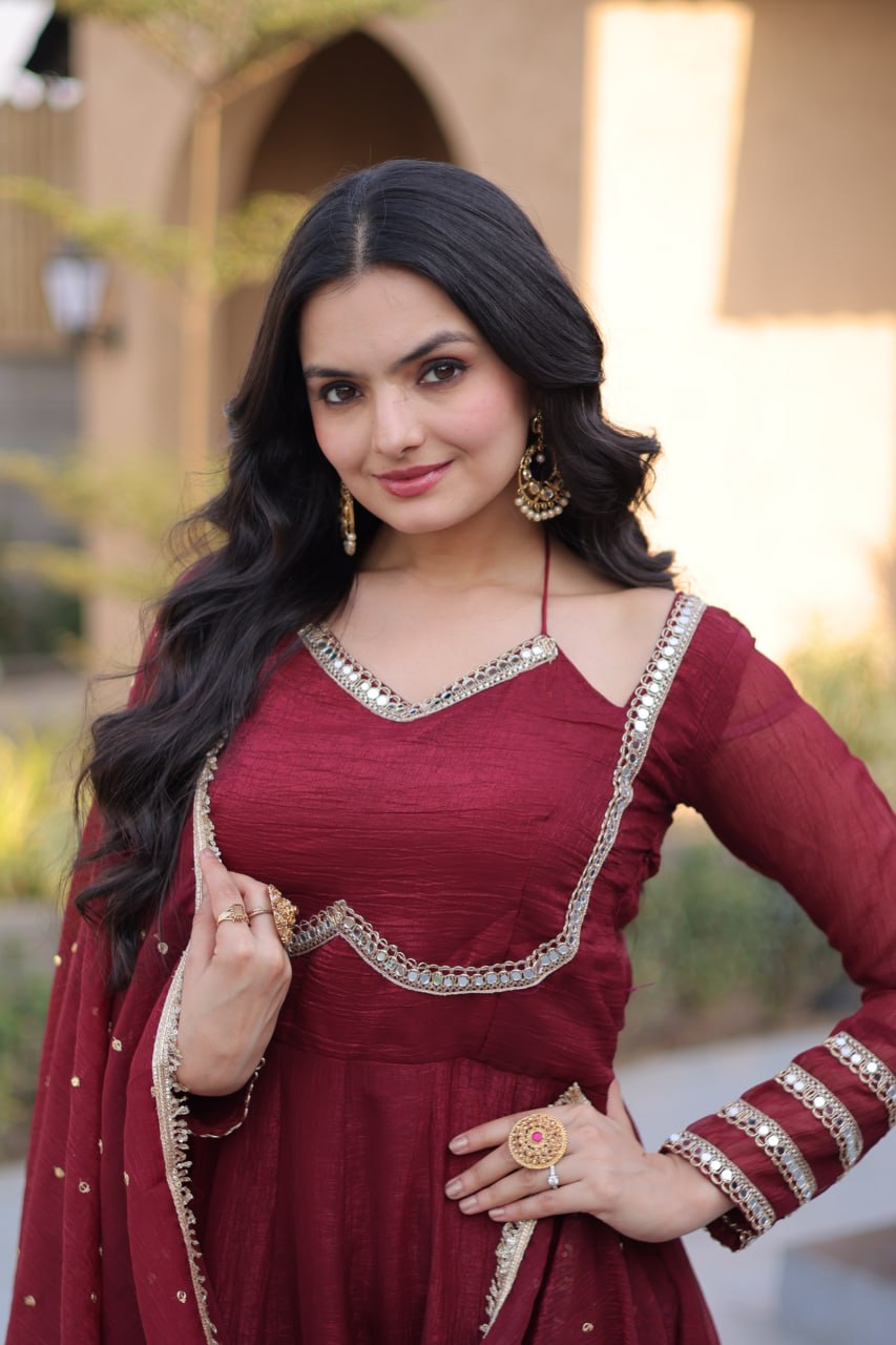 Maroon Crunchy Gown with Rich Mirror Lace Work ClothsVilla