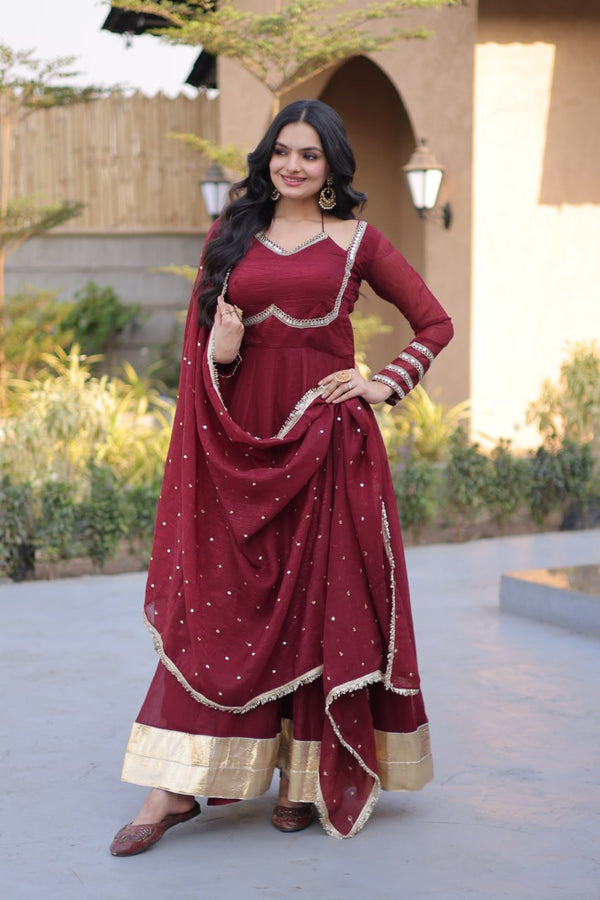 Maroon Crunchy Gown with Rich Mirror Lace Work ClothsVilla