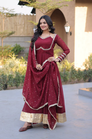 Maroon Crunchy Gown with Rich Mirror Lace Work ClothsVilla