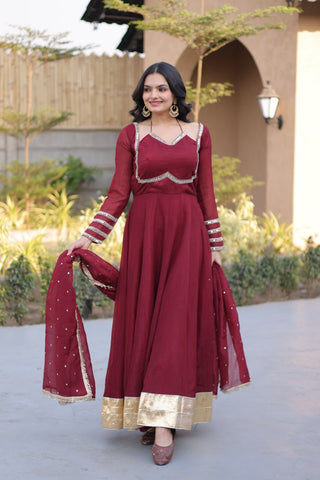 Maroon Crunchy Gown with Rich Mirror Lace Work ClothsVilla