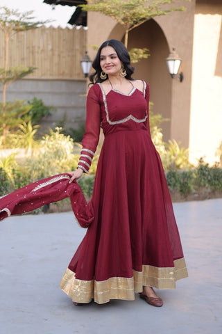 Maroon Crunchy Gown with Rich Mirror Lace Work ClothsVilla
