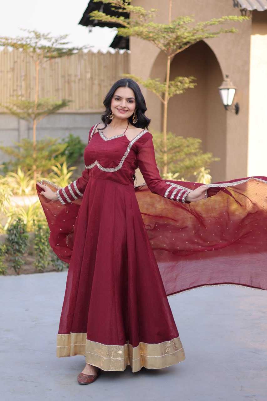 Maroon Crunchy Gown with Rich Mirror Lace Work ClothsVilla