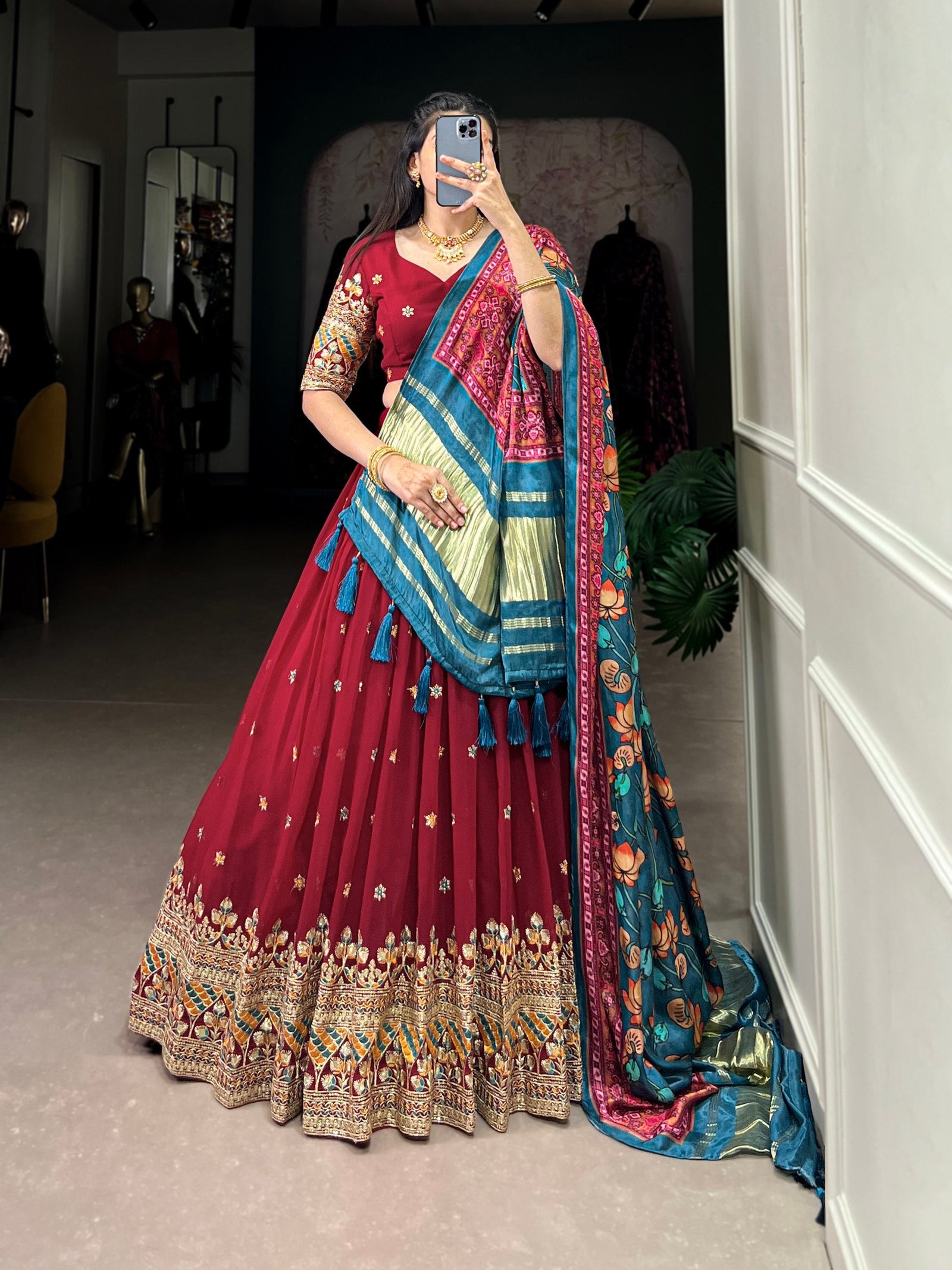 Maroon Dazzle with Every Drape – Georgette Embroidered Lehenga Set ClothsVilla