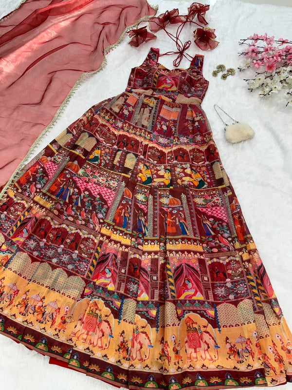 Maroon Designer Digital Printed Jimmy Organza Anarkali Gown Set with Lace Dupatta ClothsVilla