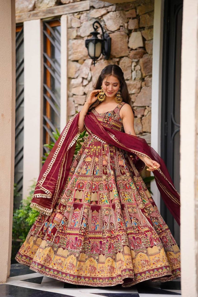 Maroon Designer Digital Printed Jimmy Organza Anarkali Gown Set with Lace Dupatta ClothsVilla