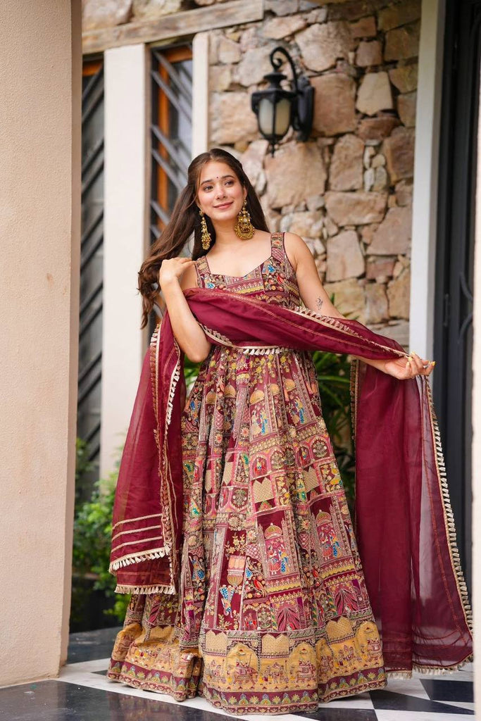 Maroon Designer Digital Printed Jimmy Organza Anarkali Gown Set with Lace Dupatta ClothsVilla