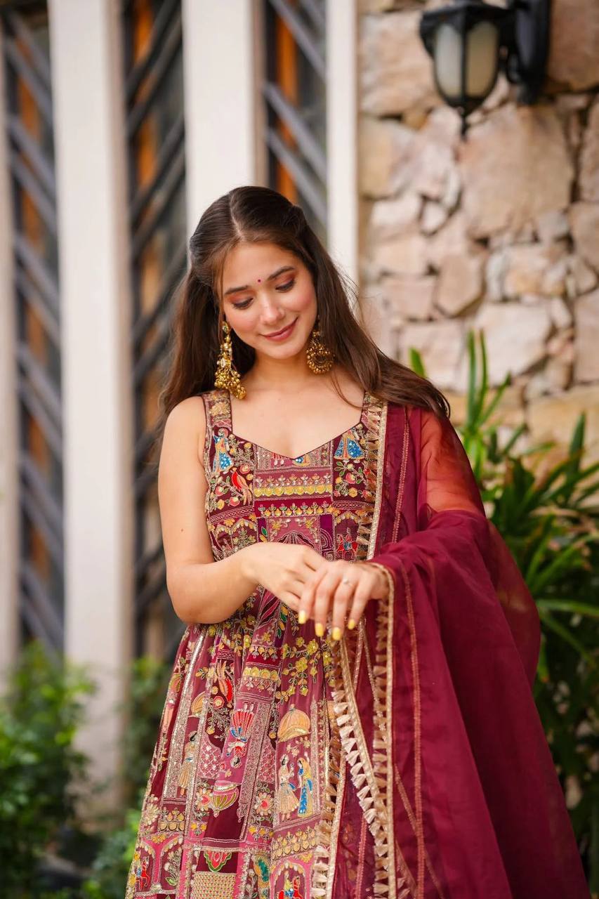 Maroon Designer Digital Printed Jimmy Organza Anarkali Gown Set with Lace Dupatta ClothsVilla