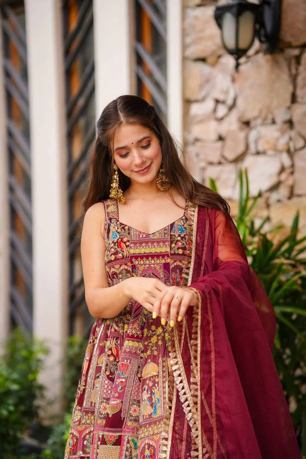 Maroon Designer Digital Printed Jimmy Organza Anarkali Gown Set with Lace Dupatta ClothsVilla
