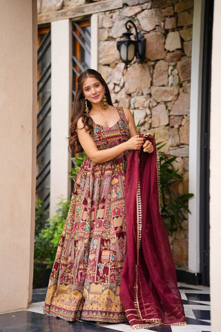 Maroon Designer Digital Printed Jimmy Organza Anarkali Gown Set with Lace Dupatta ClothsVilla