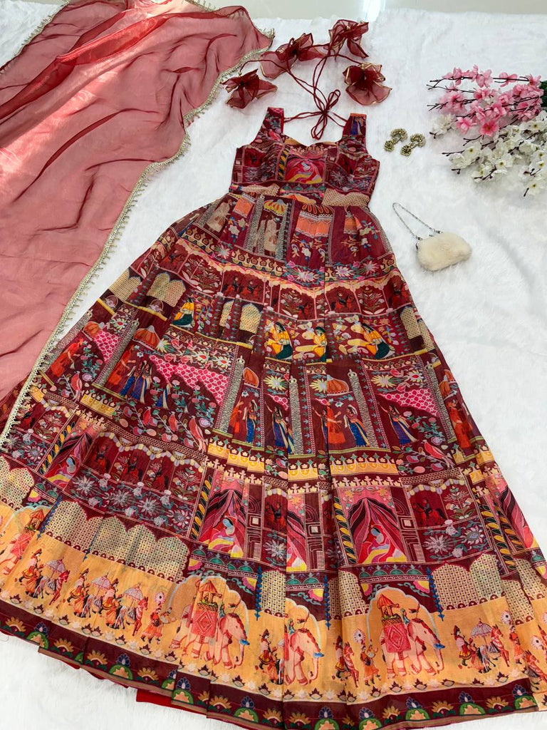 Maroon Designer Digital Printed Jimmy Organza Anarkali Gown Set with Lace Dupatta ClothsVilla