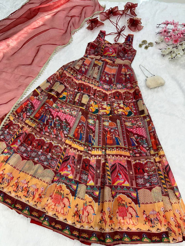 Maroon Designer Digital Printed Jimmy Organza Anarkali Gown Set with Lace Dupatta ClothsVilla