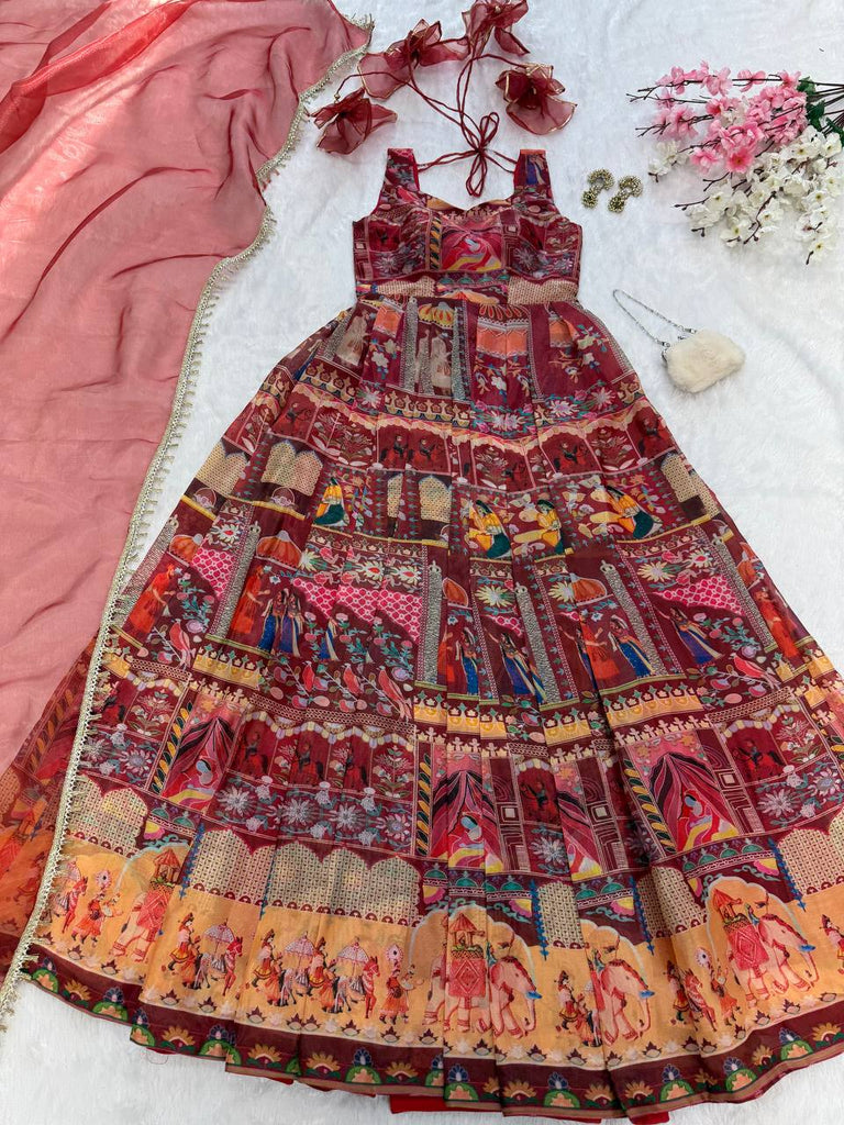 Maroon Designer Digital Printed Jimmy Organza Anarkali Gown Set with Lace Dupatta ClothsVilla