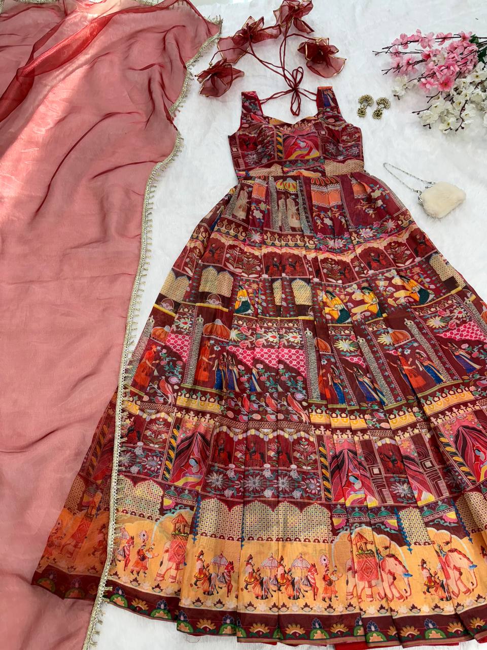 Maroon Designer Digital Printed Jimmy Organza Anarkali Gown Set with Lace Dupatta ClothsVilla