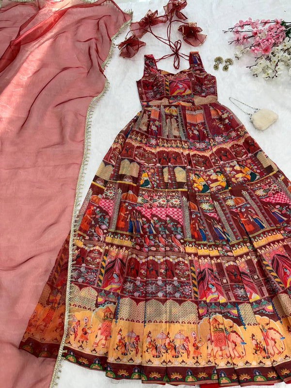 Maroon Designer Digital Printed Jimmy Organza Anarkali Gown Set with Lace Dupatta ClothsVilla