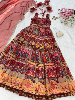 Maroon Designer Digital Printed Jimmy Organza Anarkali Gown Set with Lace Dupatta ClothsVilla