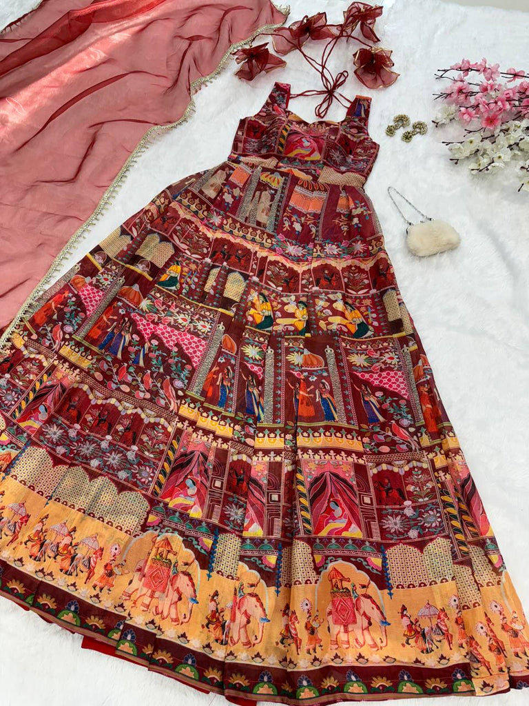 Maroon Designer Digital Printed Jimmy Organza Anarkali Gown Set with Lace Dupatta ClothsVilla