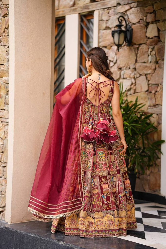 Maroon Designer Digital Printed Jimmy Organza Anarkali Gown Set with Lace Dupatta ClothsVilla