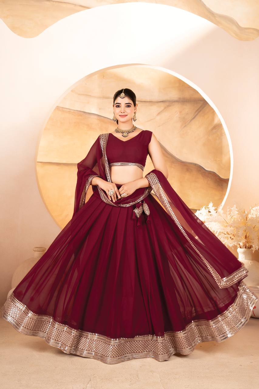 Maroon Designer Dyeable Faux Blooming Lehenga Choli with 7mm Sequins Embroidery & Lace-Border Dupatta ClothsVilla