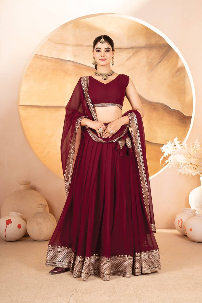 Maroon Designer Dyeable Faux Blooming Lehenga Choli with 7mm Sequins Embroidery & Lace-Border Dupatta ClothsVilla