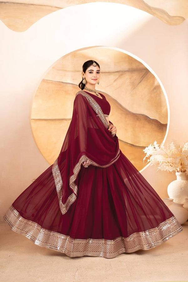 Maroon Designer Dyeable Faux Blooming Lehenga Choli with 7mm Sequins Embroidery & Lace-Border Dupatta ClothsVilla