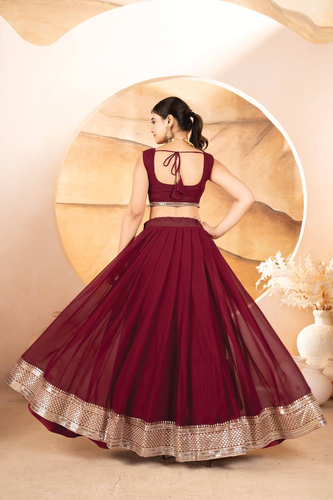 Maroon Designer Dyeable Faux Blooming Lehenga Choli with 7mm Sequins Embroidery & Lace-Border Dupatta ClothsVilla