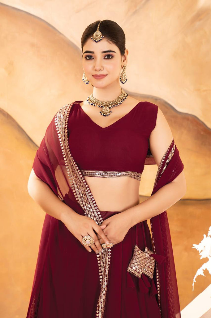 Maroon Designer Dyeable Faux Blooming Lehenga Choli with 7mm Sequins Embroidery & Lace-Border Dupatta ClothsVilla