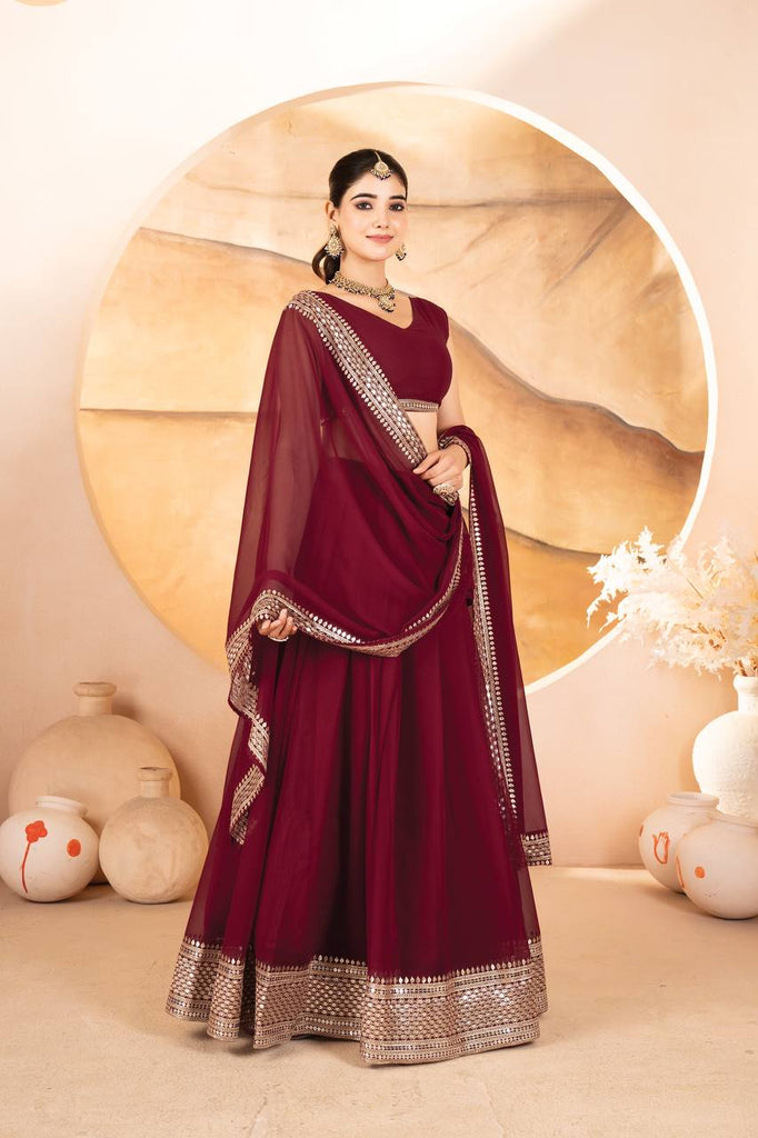 Maroon Designer Dyeable Faux Blooming Lehenga Choli with 7mm Sequins Embroidery & Lace-Border Dupatta ClothsVilla