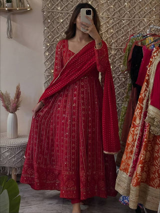 Maroon Designer Faux Blooming Embroidered Gown Set with 3mm Sequins, Zari Work, Matching Pant & Faux Georgette Dupatta – Fully Stitched Festive & Party Wear ClothsVilla