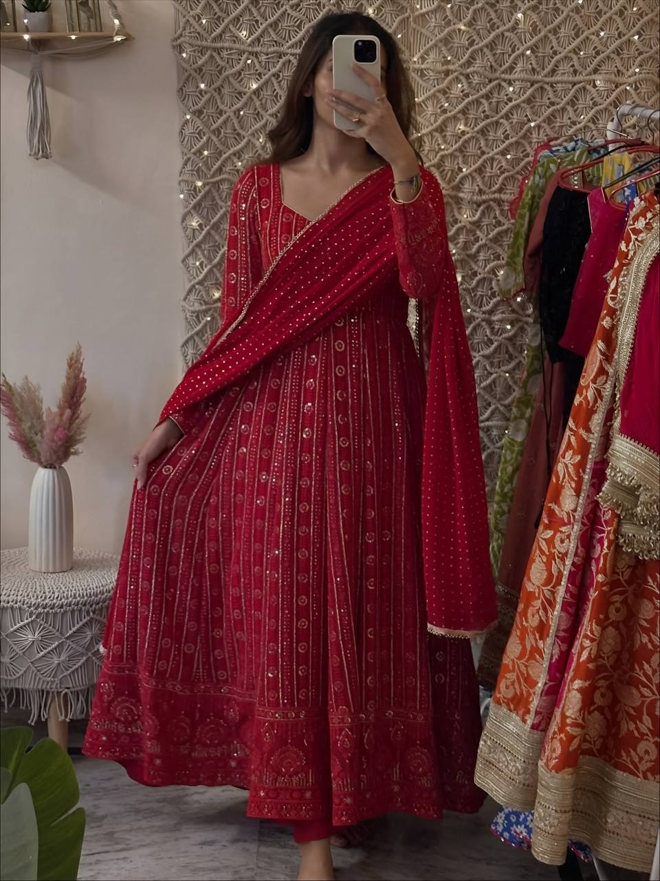 Maroon Designer Faux Blooming Embroidered Gown Set with 3mm Sequins, Zari Work, Matching Pant & Faux Georgette Dupatta – Fully Stitched Festive & Party Wear ClothsVilla