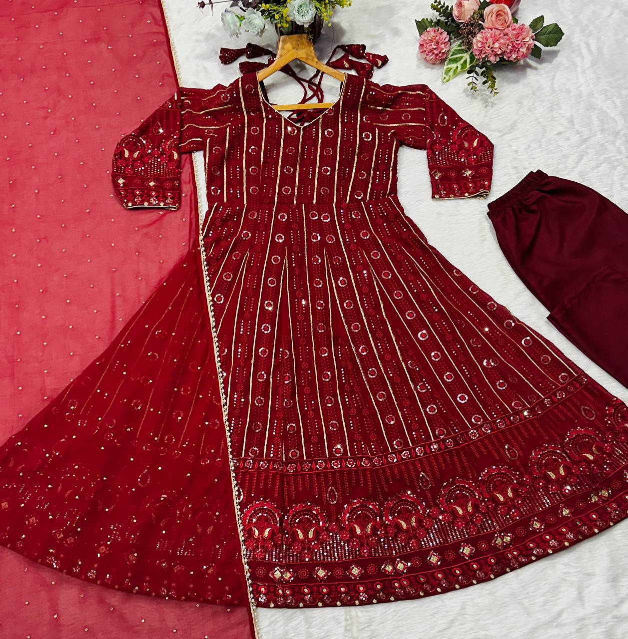 Maroon Designer Faux Blooming Embroidered Gown Set with 3mm Sequins, Zari Work, Matching Pant & Faux Georgette Dupatta – Fully Stitched Festive & Party Wear ClothsVilla
