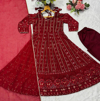 Maroon Designer Faux Blooming Embroidered Gown Set with 3mm Sequins, Zari Work, Matching Pant & Faux Georgette Dupatta – Fully Stitched Festive & Party Wear ClothsVilla